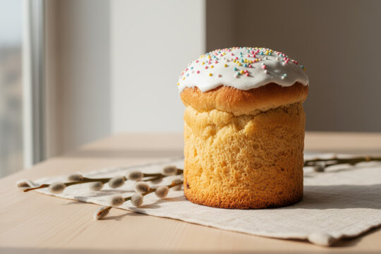 Easter bread with white glaze and colorful sprinkles near pussy willow