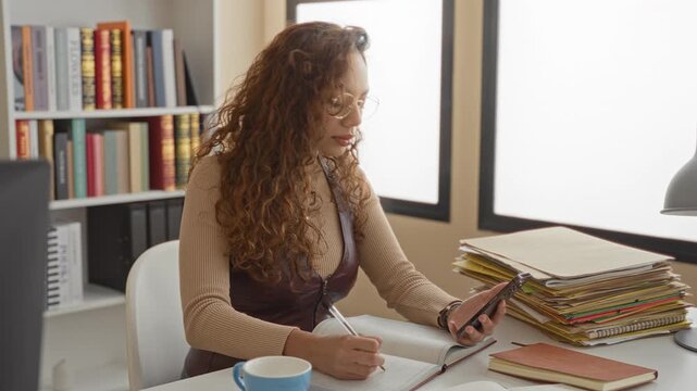 Woman writes in notebook while holding smartphone and surrounded by books and folders in studio; concentration productivity.