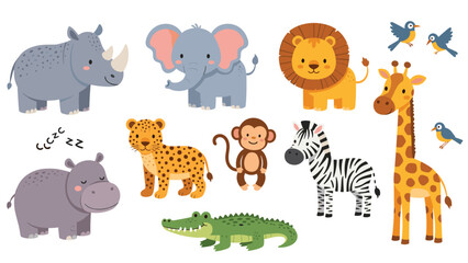Obraz premium Large set of cute safari animals including an elephant, lion, giraffe, rhino, and monkey for children's educational and design projects.
