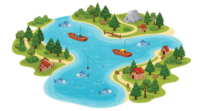 Vintage illustrated park map of Willow Creek Picnic Park, hand-drawn style landscape with lake and forest, rustic campsite map with cabins and trails