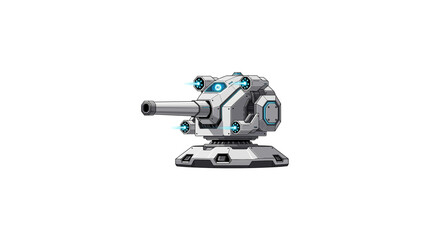 Futuristic robotic turret with cannon and glowing blue lights isolated on white background. © MzBee