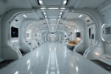 Obraz premium Futuristic spaceship corridor with sleek white design and lounge area