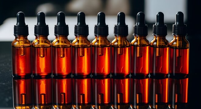 Row of amber glass bottles with black droppers on reflective surface