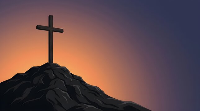 Ascension Day of Jesus Christ Illustration, Holy Christian Cross on Calvary Hill at Sunset, Spiritual Religious Background with Calvary Mountain Silhouette and Dawn Sky