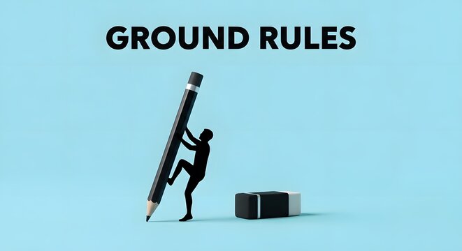 Person climbing giant pencil with ground rules text concept