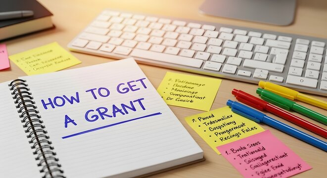 Notebook with how to get a grant text on desk with keyboard