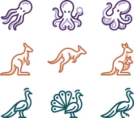 Obraz premium Set of stylized marine animals including octopuses, kangaroos, and peacocks in vibrant colors, perfect for children's illustrations and decorative designs.