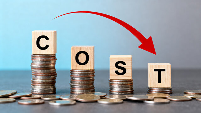 Conceptual image illustrating decreasing costs with stacked coins and a downward arrow, representing financial reduction and savings