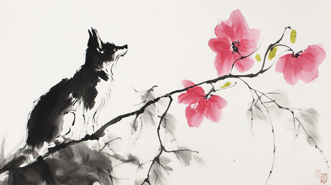 Chinese brush ink painting red flowers and dog line outline left margin blank blooming blossom green leaves base petals fold around buds abstract contour similar to fox or rabbit pure white background