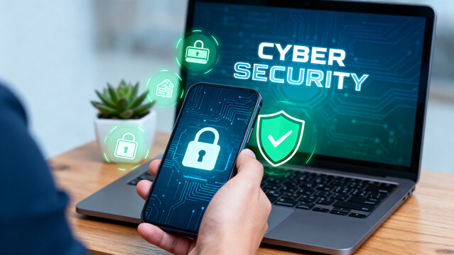 Professional working on laptop and smartphone, emphasizing robust cyber security measures and digital data protection in a modern business environment