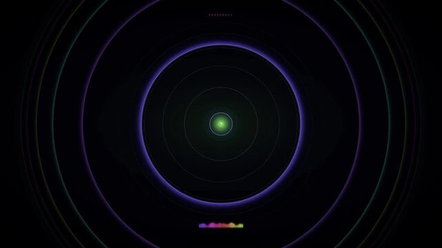 Abstract concentric circles with frequency waves and audio equalizer visualization on dark background