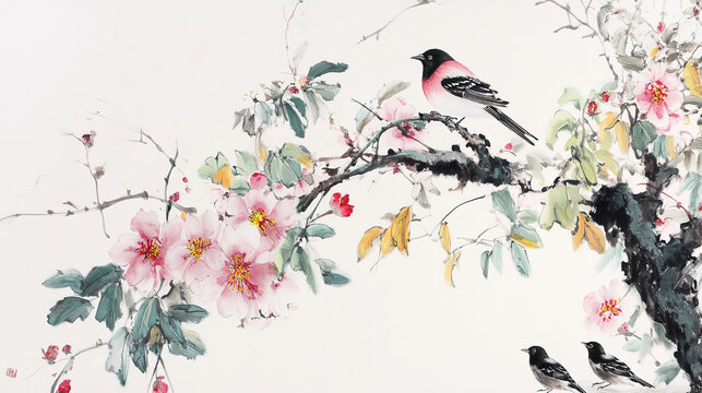 Chinese painting flower and bird meticulous fine lines white background pink magpie on branch various petals light green leaves two or three black birds sitting still detailed masterpiece high definit