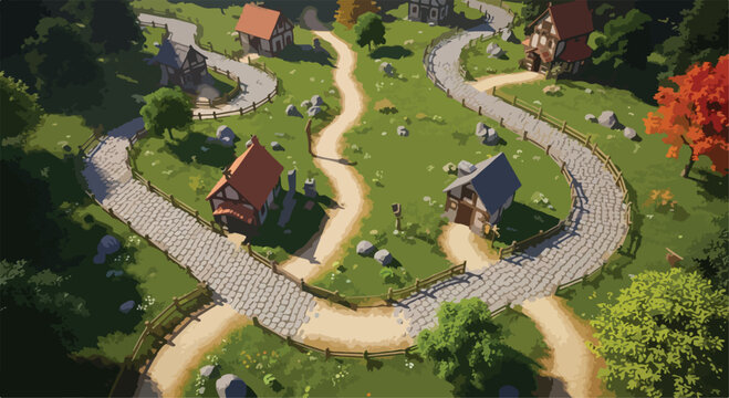 Medieval village map with cobblestone roads and timber houses, isometric fantasy landscape vector, rural countryside town with green meadows and forest trees