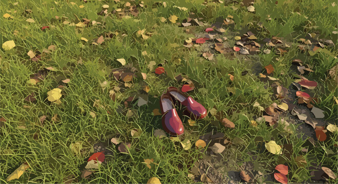 Red leather shoes on green grass with autumn leaves, elegant footwear abandoned in nature, fall season outdoor concept with ruby slippers