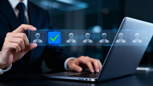 Selecting the right candidate from a pool of applicants with a digital interface and a businessman reviewing profiles on a laptop