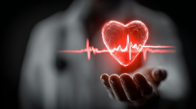 Faceless doctor holding glowing red heart with ECG line in hands, upper torso visible, dark moody medical concept with dramatic lighting and shallow depth of field, emotional healthcare symbol