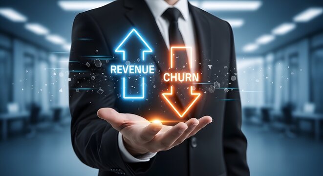 Professional hand balancing glowing neon arrows depicting revenue and churn rates, symbolizing customer retention and financial business health.