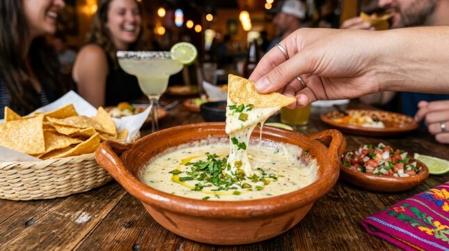Friends enjoying delicious queso dip with chips and margaritas at a lively restaurant.