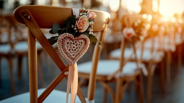a simple wooden chiavari chair, a large, beautifully intricate, handmade crocheted heart