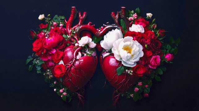 Two intricate, anatomically correct human hearts are sculpted from red and pink roses, thorns, and vines