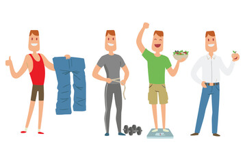 Fototapeta premium Male cartoon character weight loss success steps showing thumbs up, holding large pants, measuring waist, holding salad, standing scale, dumbbell exercising, healthy apple healthy lifestyle, slim