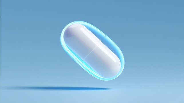 White paracetamol pill with a broad blue halo, minimalistic concept of pain relief and healthcare, isolated on clean background with modern medical design and wellness theme