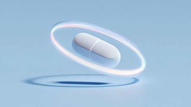 White paracetamol pill with a broad blue halo, minimalistic concept of pain relief and healthcare, isolated on clean background with modern medical design and wellness theme