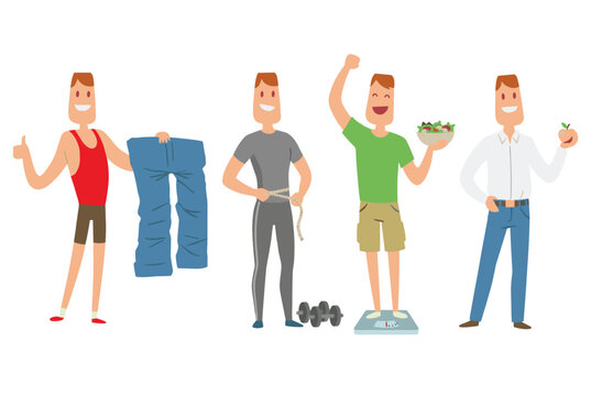 Male cartoon character weight loss success steps showing thumbs up, holding large pants, measuring waist, holding salad, standing scale, dumbbell exercising, healthy apple healthy lifestyle, slim