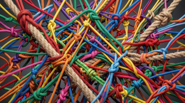 Colorful tangled ropes with various knots on dark background
