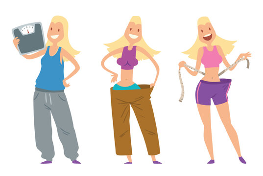 Blonde woman weight loss journey, holding scale, wearing loose pants, smiling, fitness progress, isolated white background, cartoon style. Blonde woman showing oversized pants happy expression