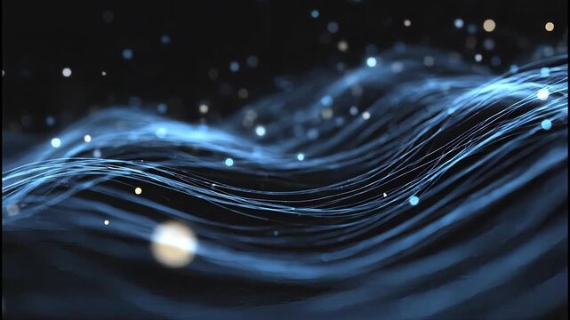 An abstract image showcases flowing, luminous blue and gold lines against a dark background, creating a dynamic and futuristic visual effect.