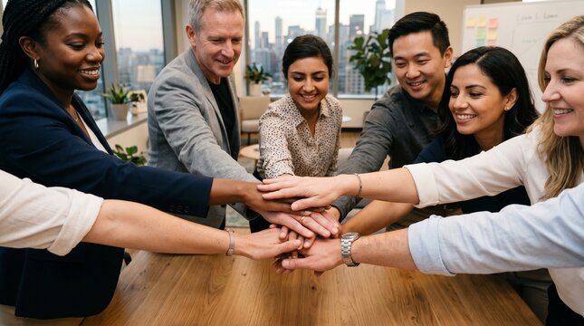 Diverse team of professionals joining hands in office, unity and collaboration concept