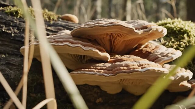 Shelf fungus cluster on mossy fallen log, layered orange bracket mushrooms with visible underside pores, soft reeds in foreground, warm woodland light, cinematic macro of forest decomposition