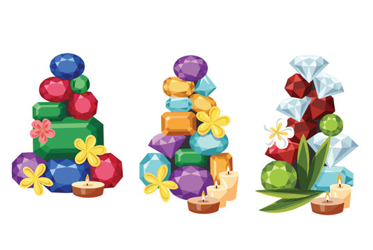 Colorful gemstones decoration, vibrant jewel arrangement, flower accents, tranquil candles. Stacked gems, geometric shapes, bright hues, relaxing spa, wellness ambiance, isolated white background