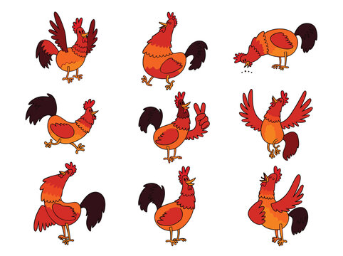 Cartoon roosters vibrant poses gesture. Animated chicken characters brown red feathers white background. Playful farm animal illustration comical style vector isolated