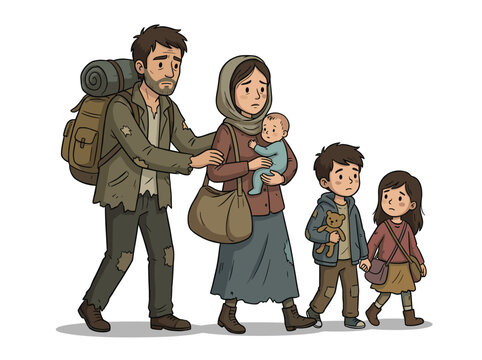 Refugee family father backpack tattered clothes, mother holding baby anxious expression, children holding toys distressed. Journey escape hardship diverse ethnicity multicultural. Illustration