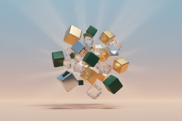 Obraz premium Abstract composition of floating golden green and translucent glass