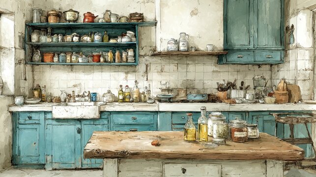Faded shabby chic rustic farmhouse recipe book cover with high detail watercolor illustration, neutral tones, desaturated teal accents, gentle antique warmth, cozy and vintage kitchen concept design