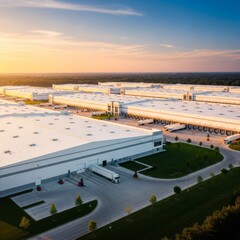 Fototapeta premium A high-angle aerial view of a modern logistics distribution center with rows of white warehouses glowing under a soft, golden sunset light, sunlight, commercial, parking