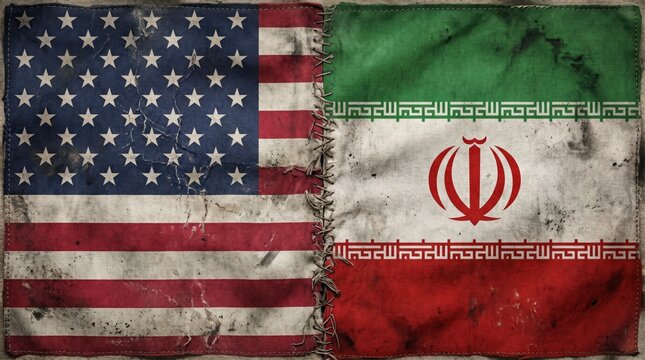 Torn us and iran flags on worn fabric background