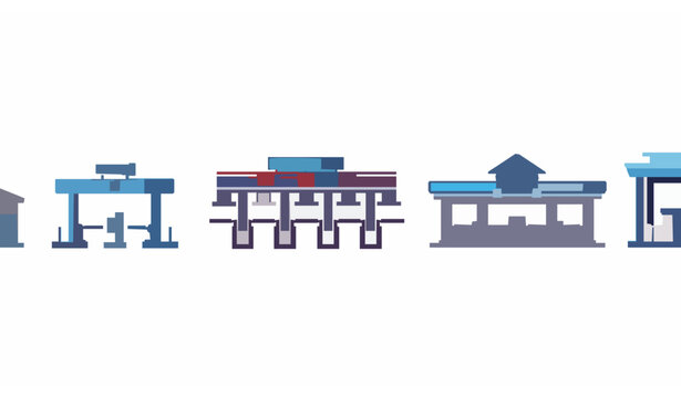 Toll plaza building icons vector collection with highway gate and road infrastructure architecture isolated on white background