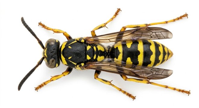 Top view of common wasp or yellow jacket isolated on white background, detailed insect anatomy with yellow and black stripes, dangerous stinging pest.