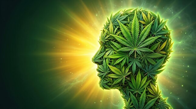 Green cannabis leaves form human head with yellow glow