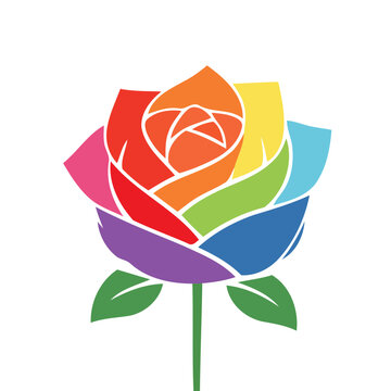 A vibrant rainbow colored rose icon with white outline
