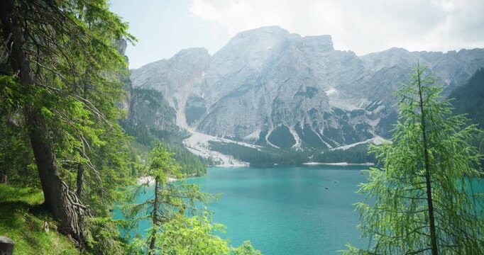 Seekofel mountain and Lago Di Braies Lake, Dolomites, Italy