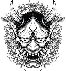 Obraz premium Japanese Oni demon mask with floral wreath around it