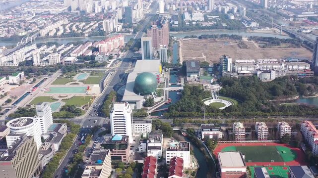Aerial View of Shanghai Pudong Science and Technology Museum and Modern City