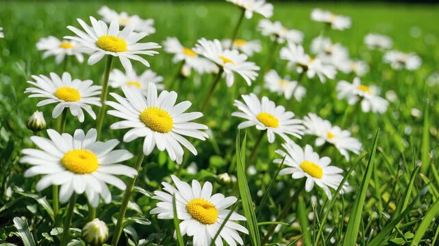 Field of Daisies Blooming in Bright Sunlight on a Lush Green Lawn.