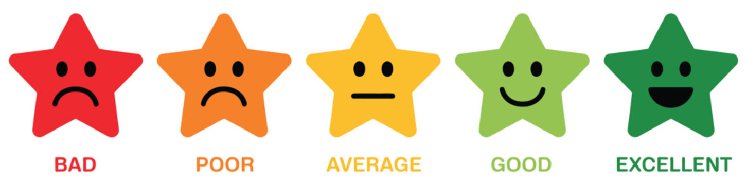 Customer feedback rating emoji icons with black and color stars showing feedback scale and review satisfaction visualization