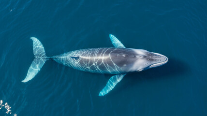 Fototapeta premium Top-Down Drone View of a Majestic Humpback Whale Swimming in Deep Blue Ocean Water